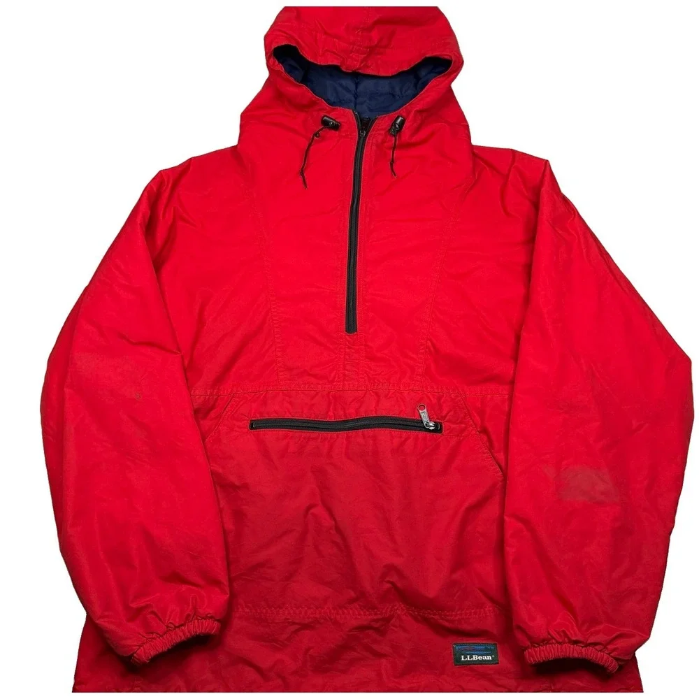 Vintage 90s LL Bean Jacket Mens Large Pullover Hooded Anorak Made In USA Red